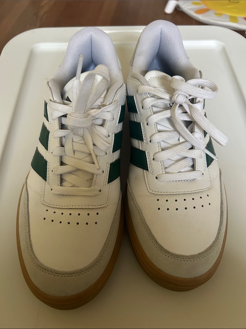 adidas Men’s White Sneakers with Green Stripes and Gum Sole